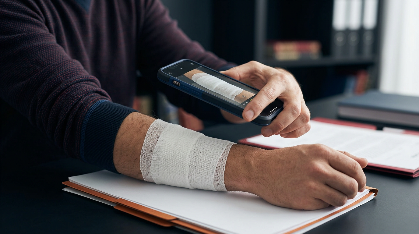 A person holding a smartphone, taking a photo of a bandage on their arm to document a dog bite injury.