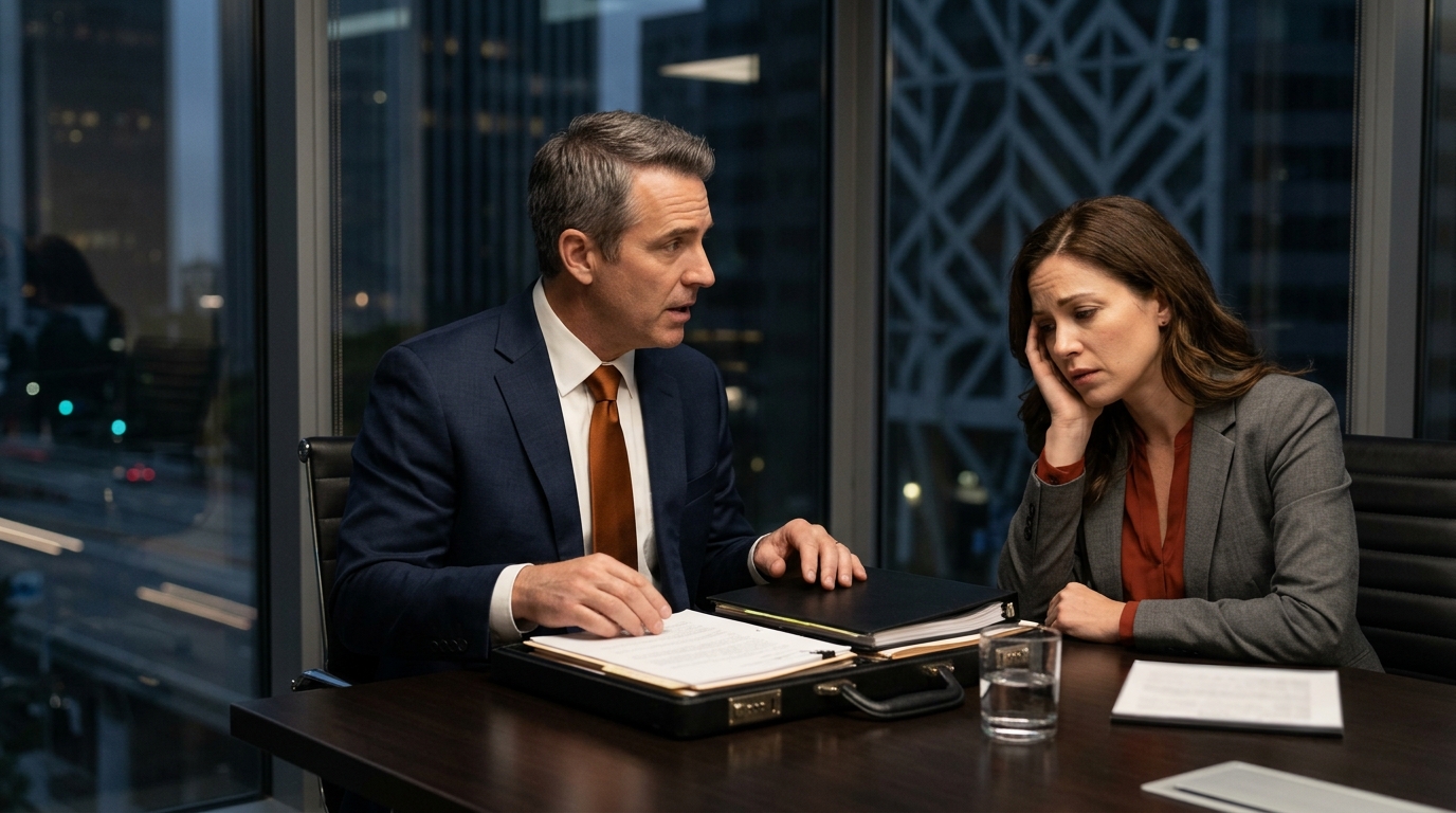 A serious attorney sitting across from a distressed client in a modern Los Angeles office, discussing case strategy.