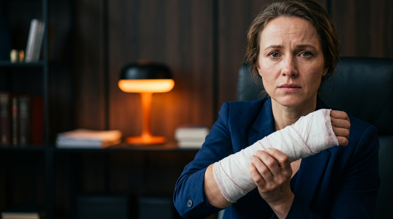 A close-up of a person holding their bandaged arm after an attack, illustrating the importance of California dog bite law.