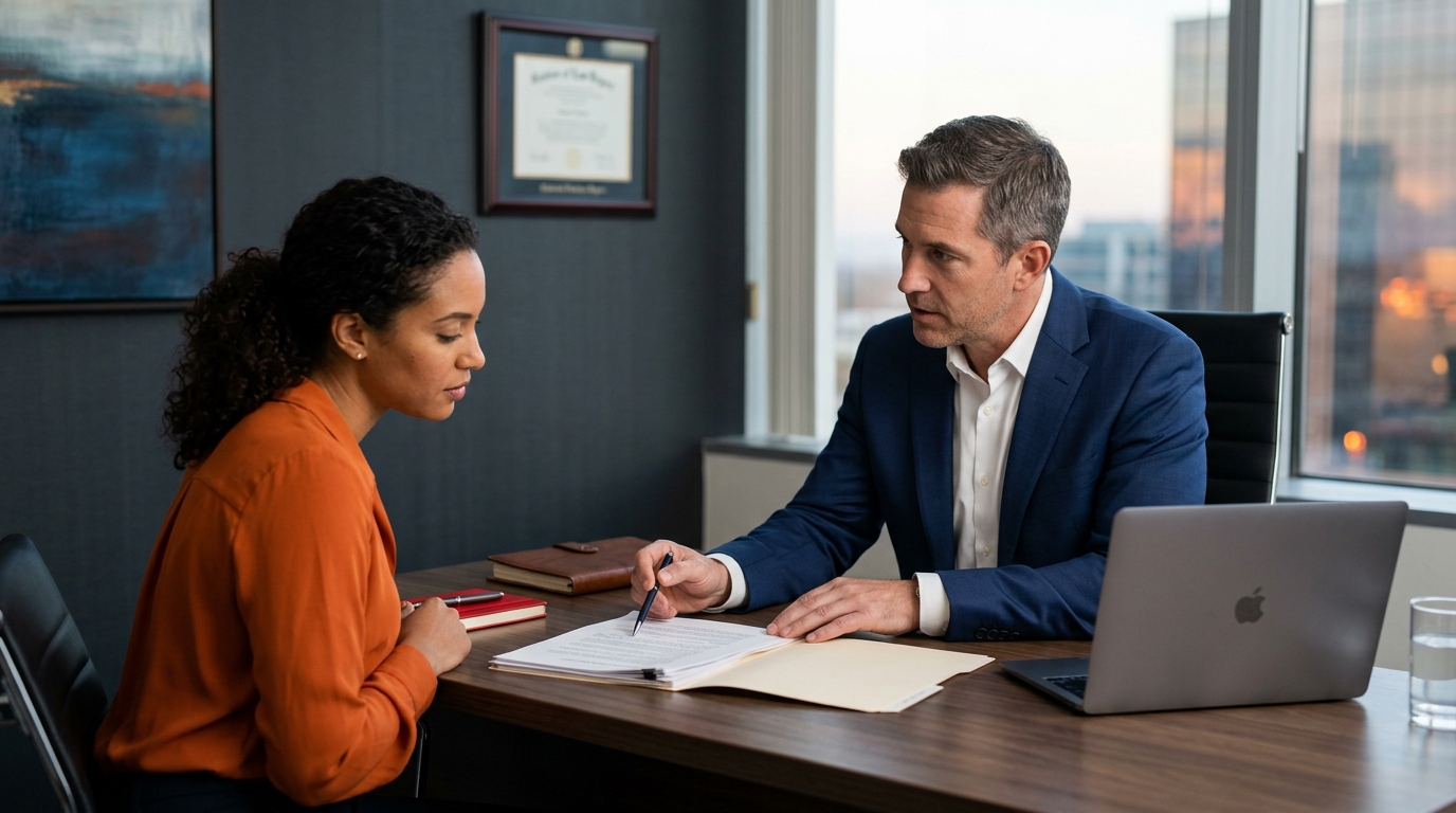 A lawyer sitting across from a client at a desk, reviewing a document and pointing out important details.