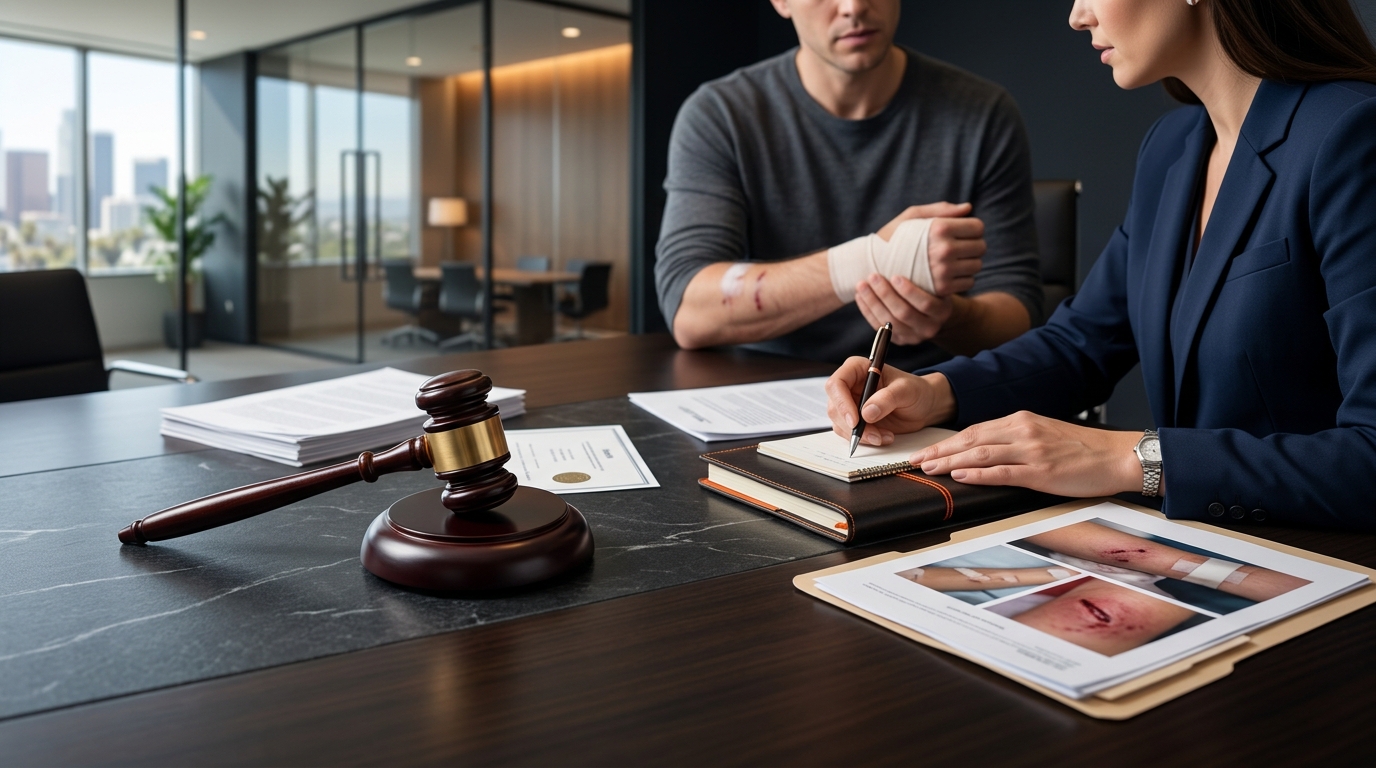 A clean, modern infographic showing five icons: a medical cross, a camera, a notepad, a police badge, and a legal gavel, laid out in a timeline.