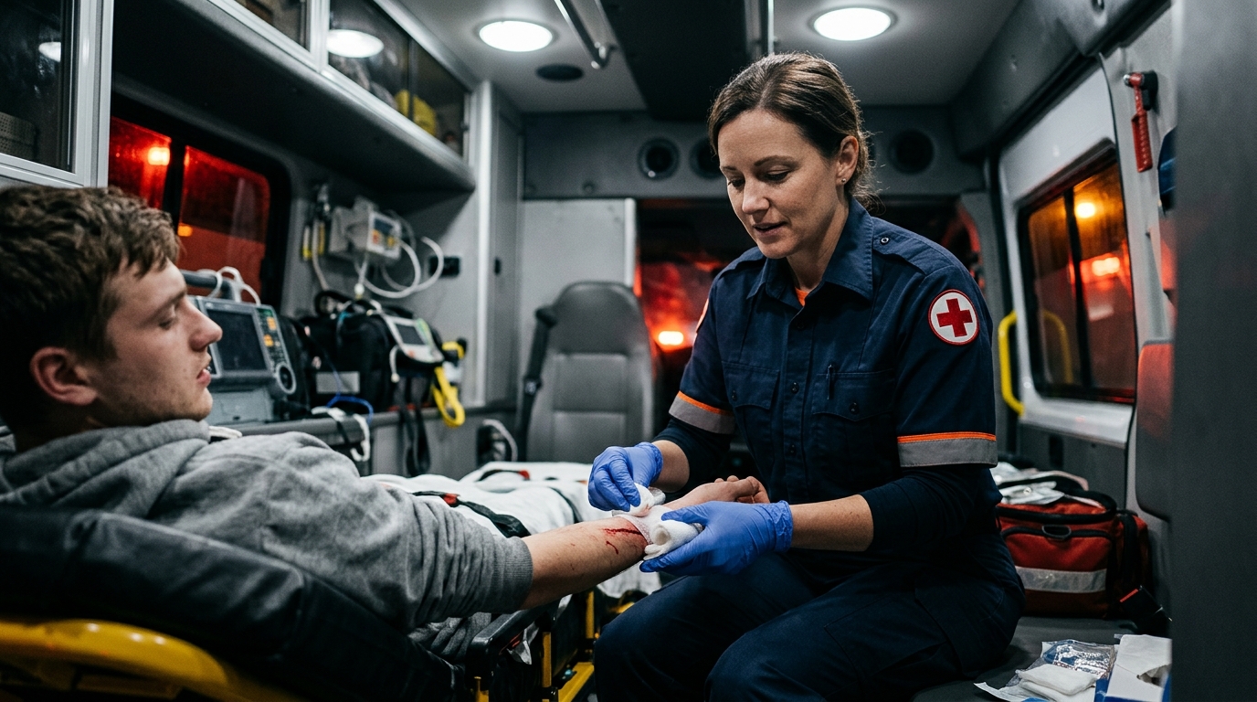 A concerned paramedic treating a severe dog bite wound on a patient's arm in the back of an ambulance.