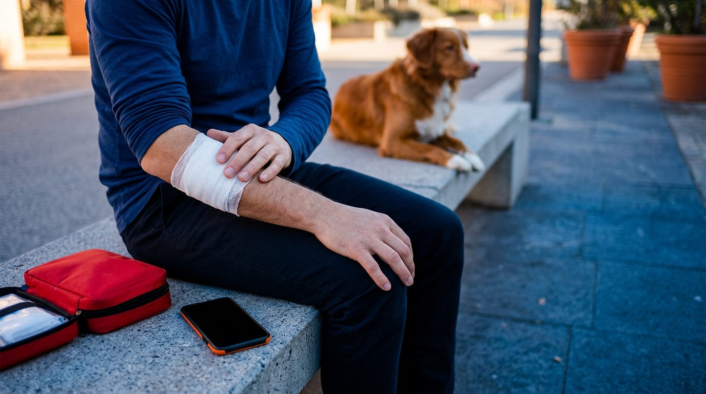 A vibrant infographic titled 'Steps After a Dog Bite', illustrating medical care, reporting the attack, and calling a lawyer.