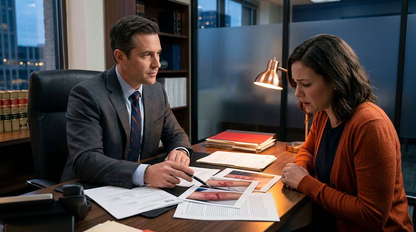 A serious-looking attorney sitting across a desk from a distressed client, reviewing dog bite injury photos and medical records.