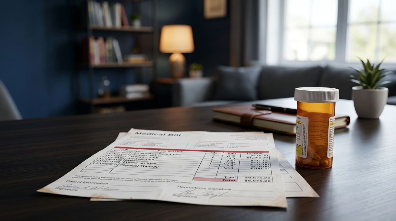 A detailed medical bill next to a prescription bottle, symbolizing the high financial cost of recovering from a dog attack.