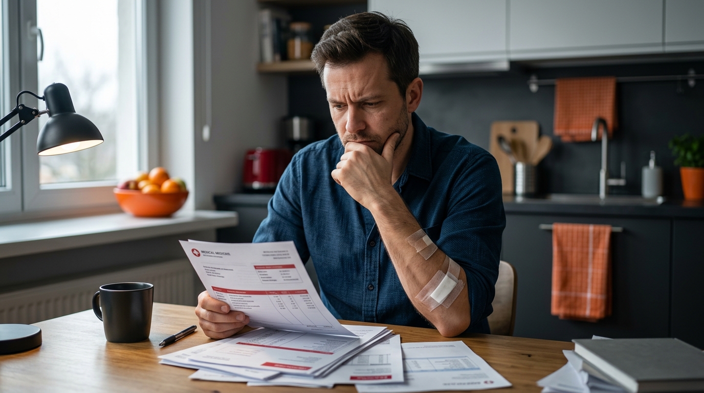 A frustrated dog bite victim looking at medical bills at a kitchen table