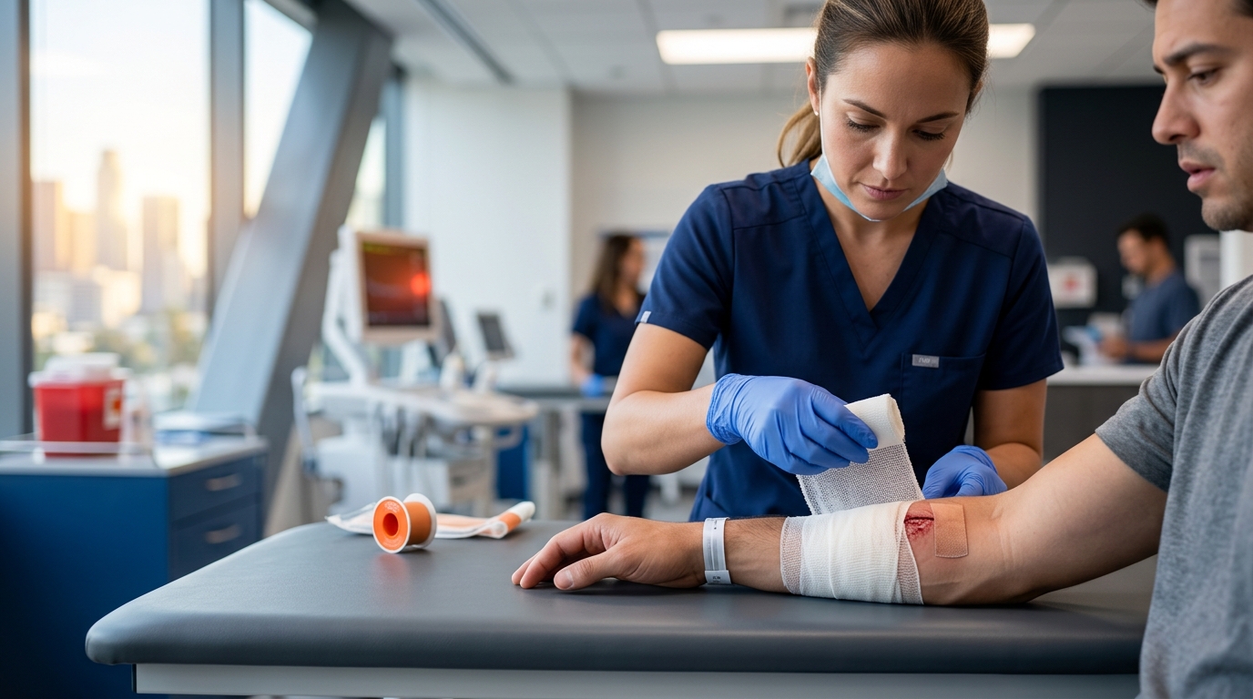 A patient receiving medical treatment to support their dog bite claim in a bright clinic setting.