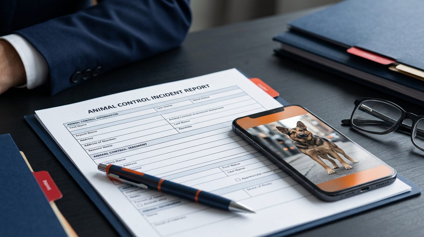 A formal animal control report document sitting on a desk next to a pen, essential for filing a dog bite claim.