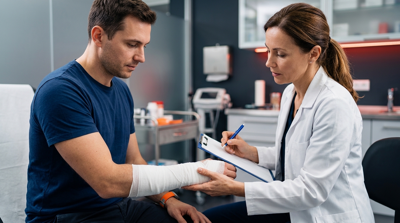 A doctor examining a patient's arm to document injuries under the california dog bite law.