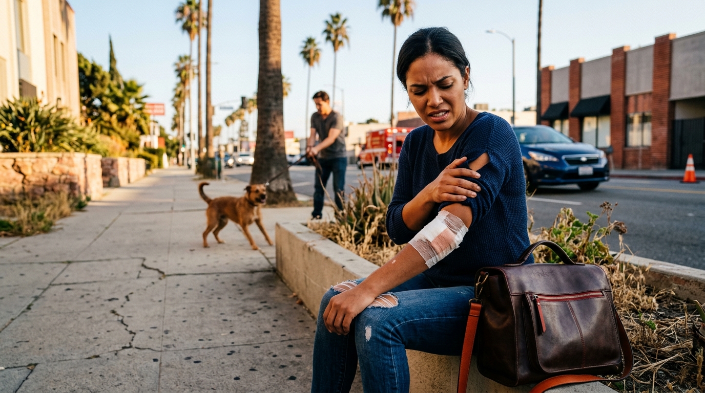A frightened person clutching their arm after a dog bite on a sunny Los Angeles sidewalk, with a loose dog in the background.