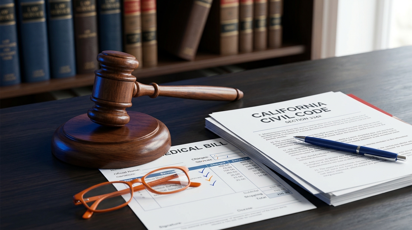 A close-up of a legal document highlighting civil code 3342 next to a judge's gavel and a medical bill.