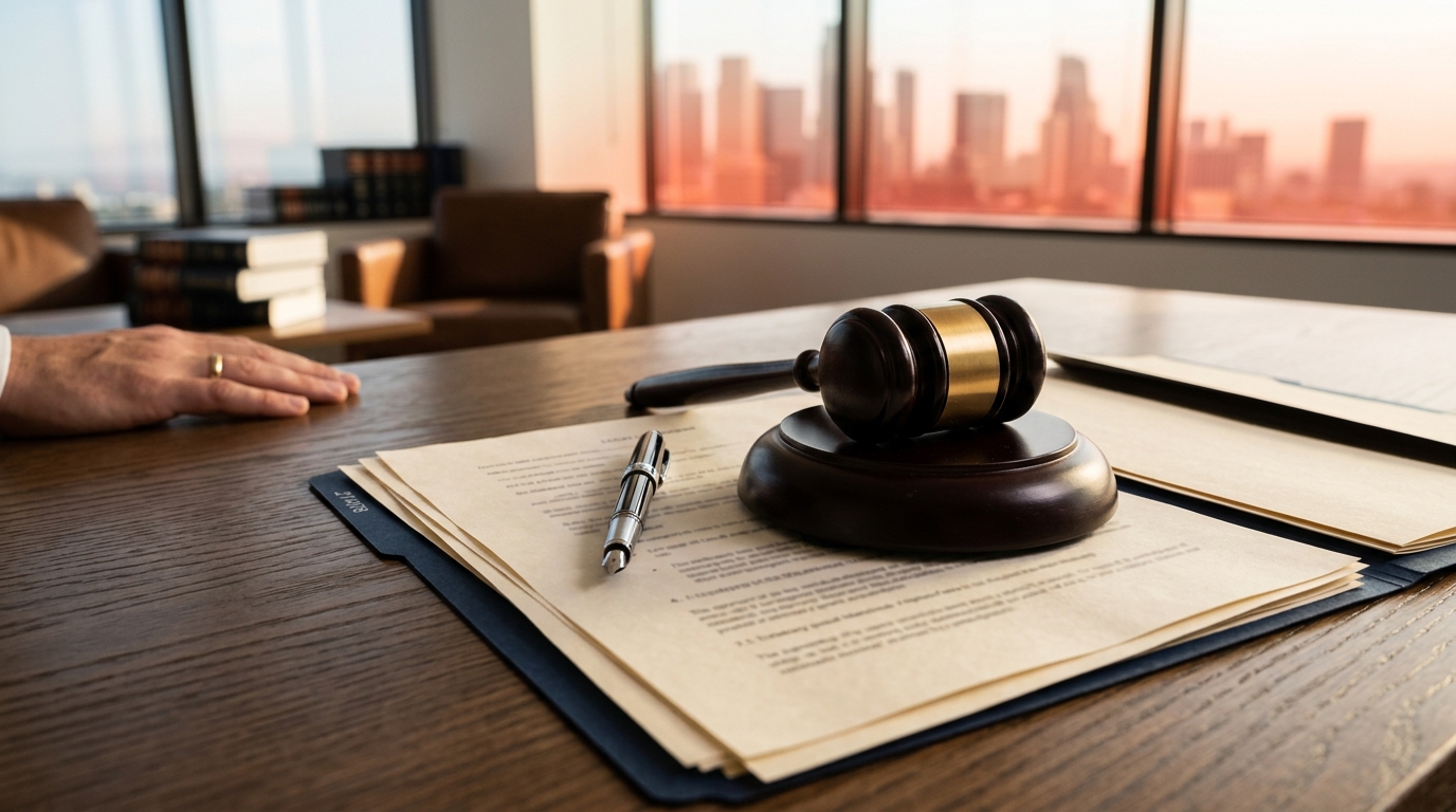 A close-up of a legal document titled California Civil Code 3342 resting on a wooden desk next to a judge's gavel.