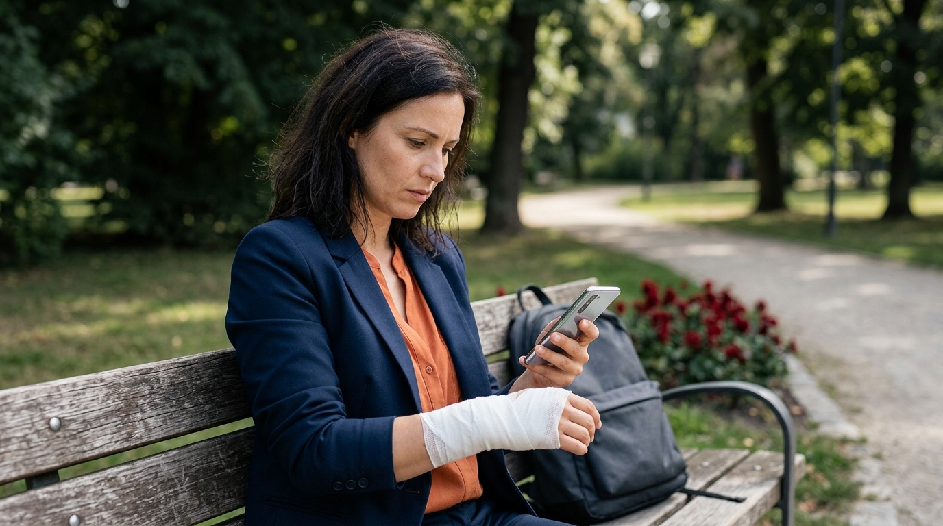 A concerned person sitting on a park bench, looking at a bandaged arm while holding a smartphone.