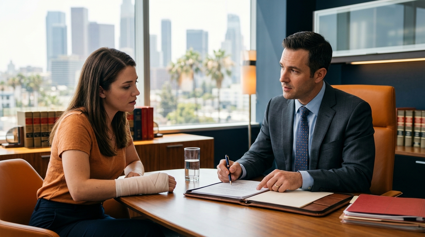 A concerned attorney explaining ca civil code 3342 to a client in a Los Angeles office.