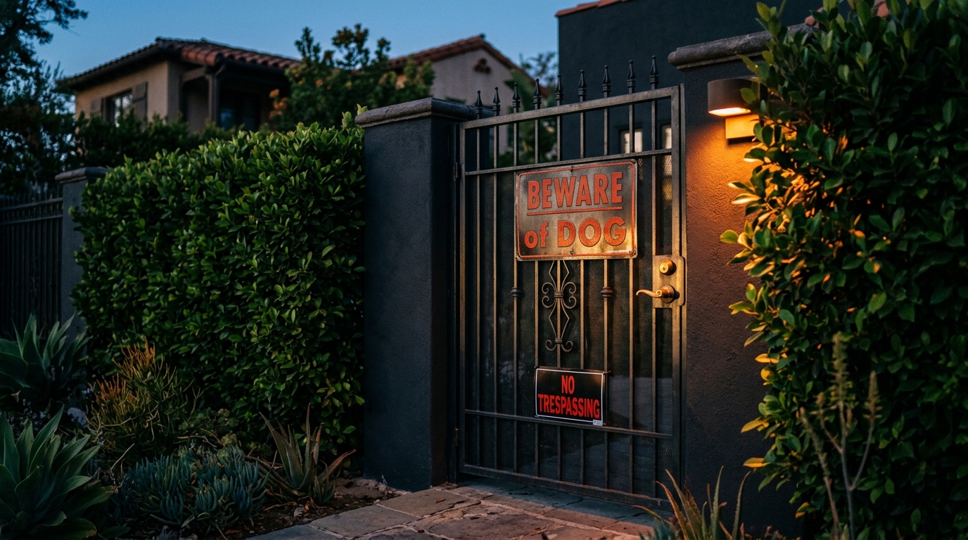 A secure residential gate in Los Angeles with a prominent Beware of Dog sign.
