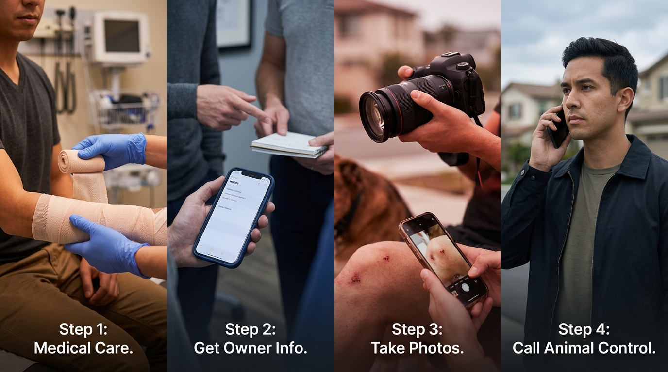 An infographic flowchart showing four steps: Medical Care, Get Owner Info, Take Photos, and Call Animal Control.