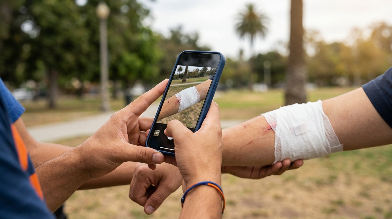 A close-up of a person's hand holding a smartphone to document injuries under california-dog-bite-law.