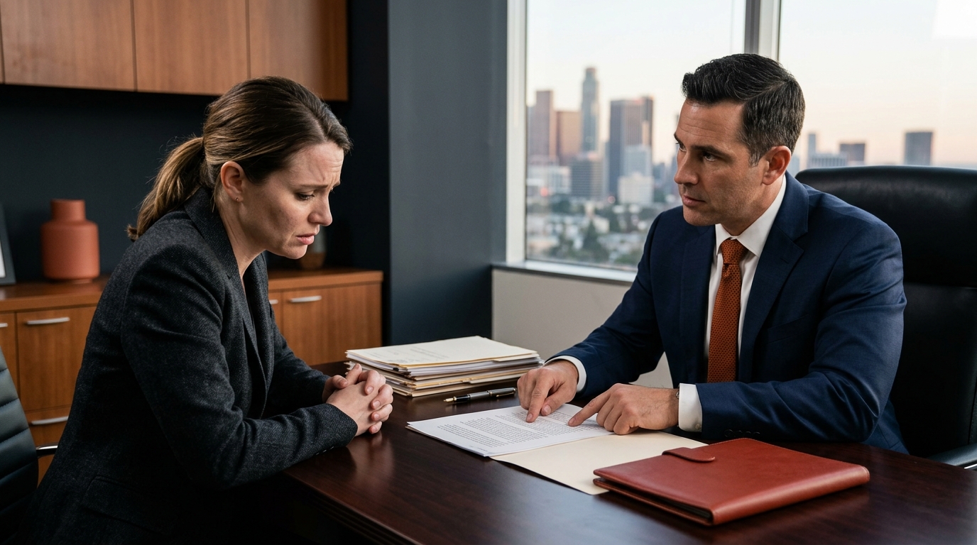 A serious-looking attorney explaining the california-dog-bite-law to a client.