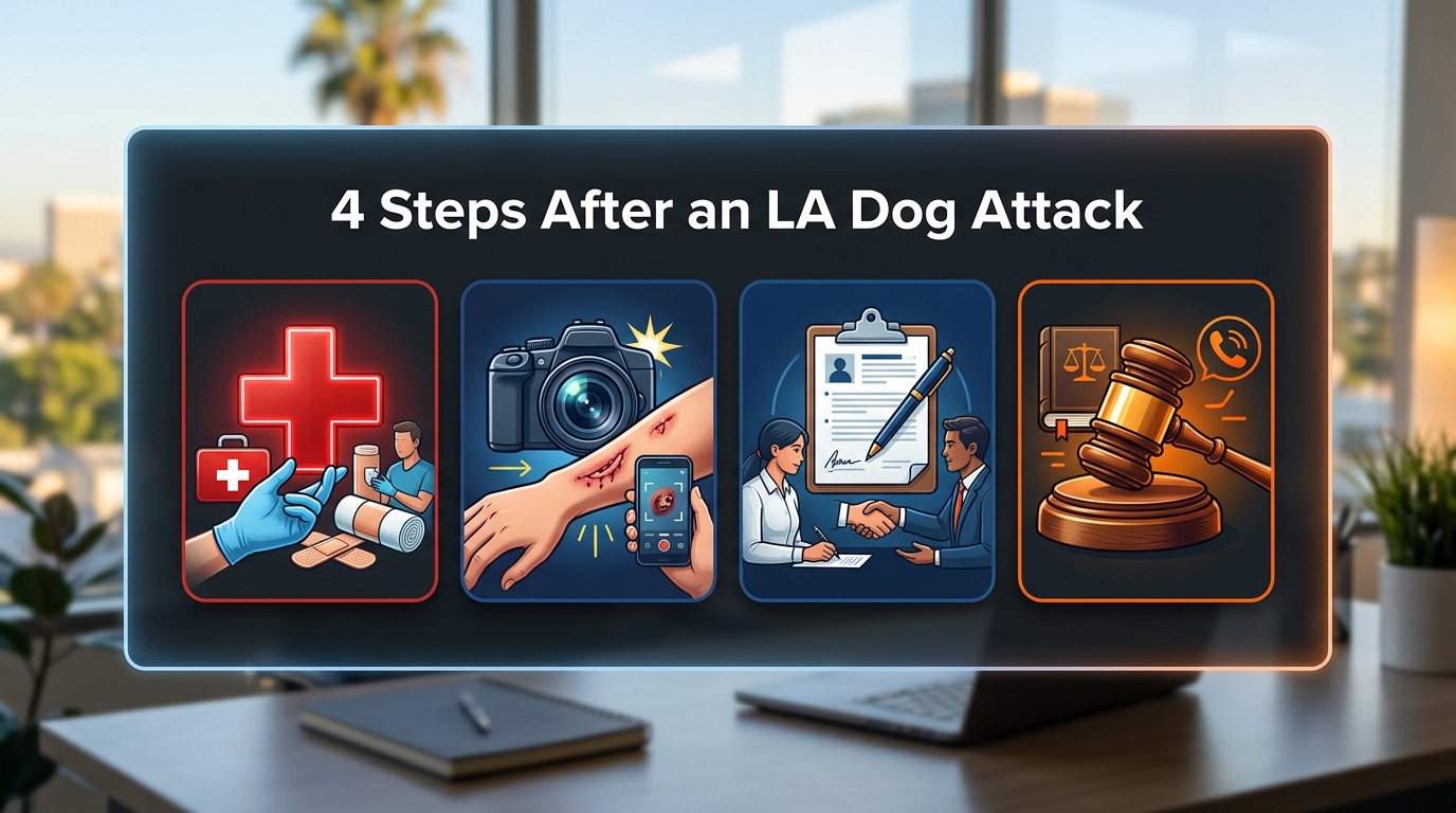 An infographic detailing legal steps under the california-dog-bite-law.