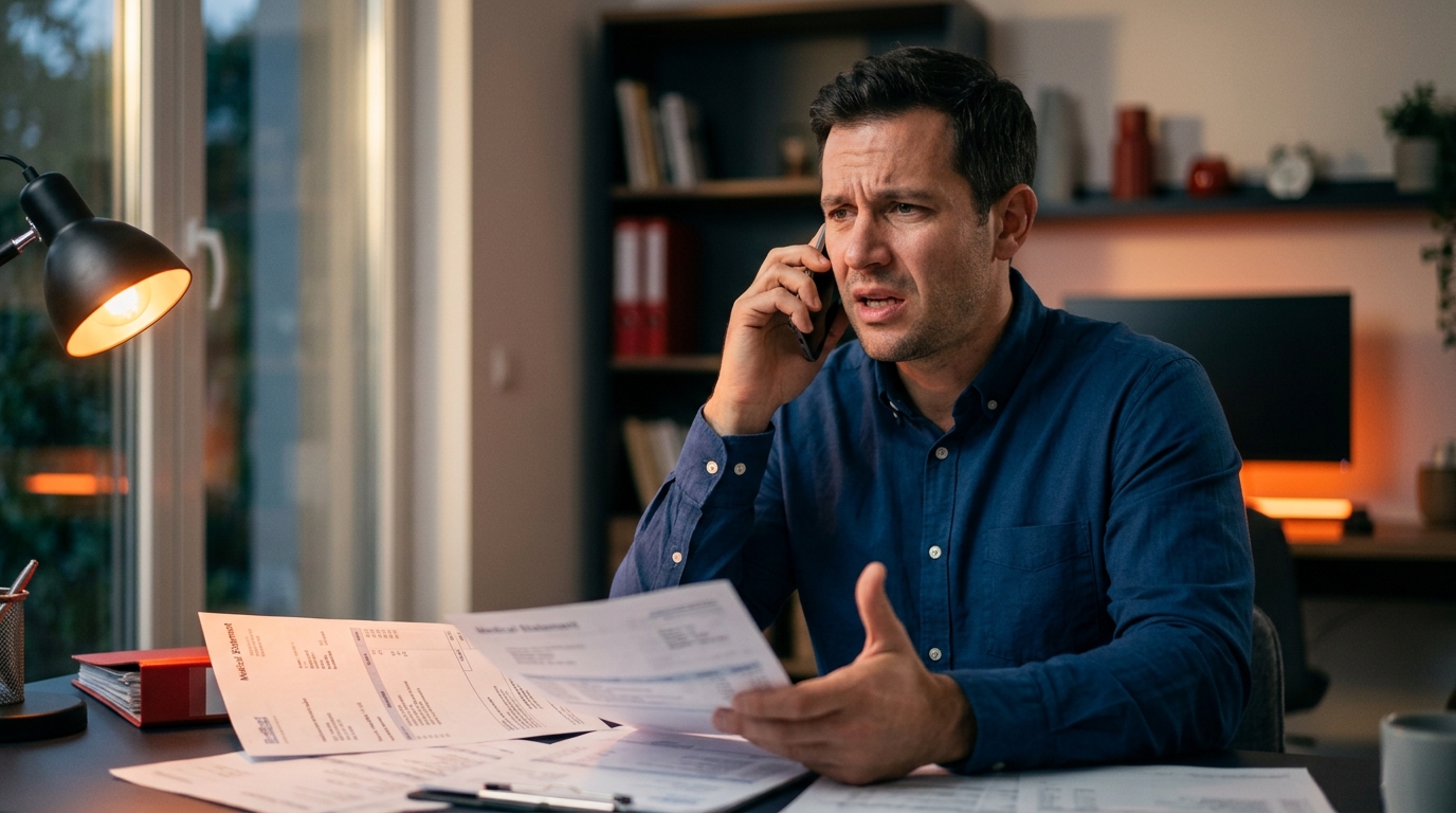 A frustrated dog bite victim speaking on the phone with an insurance adjuster while holding medical bills