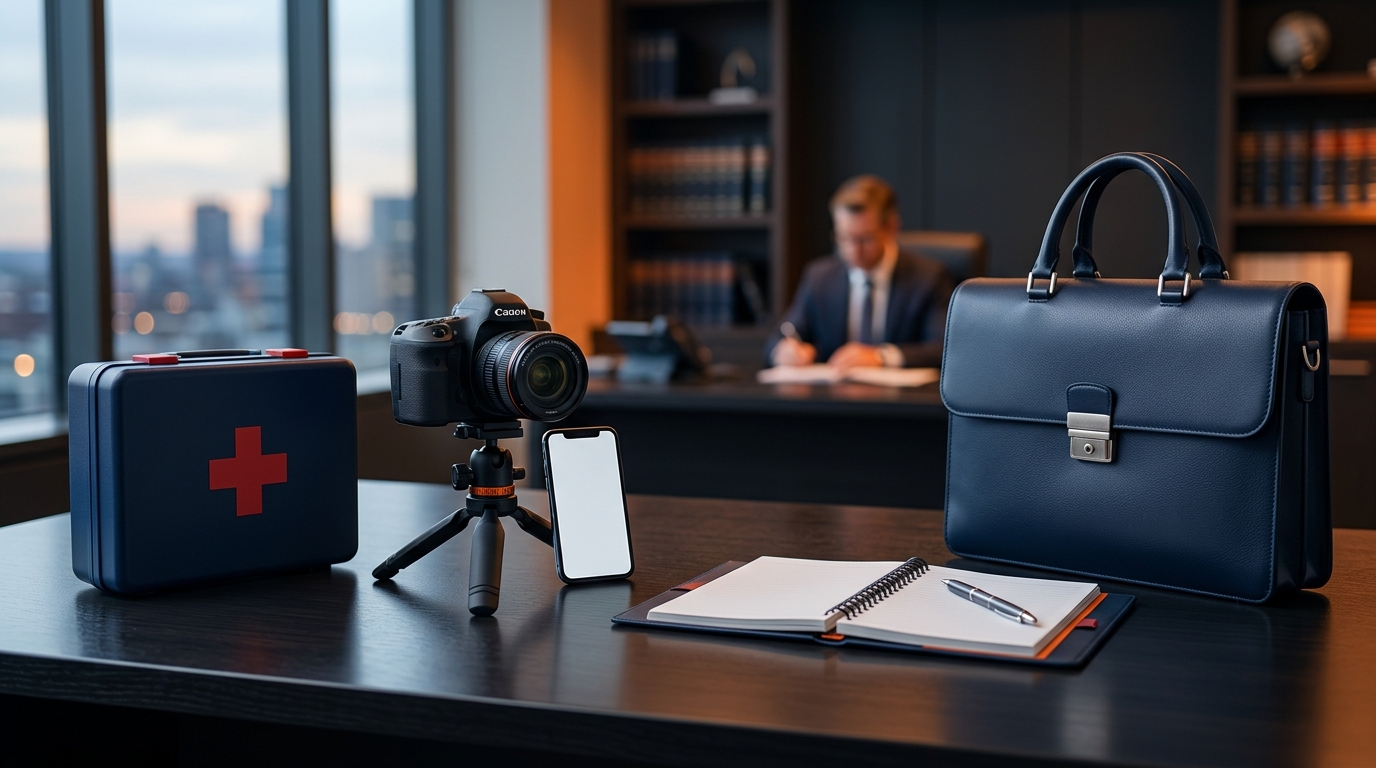 A graphic illustration showing a four-step action plan after a dog bite: medical cross, camera, notepad, and a lawyer's briefcase
