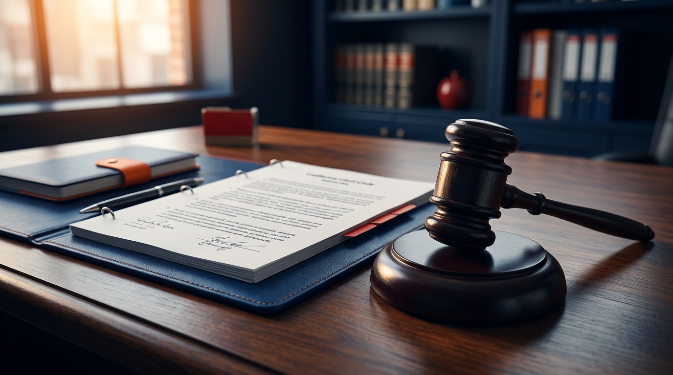 A close-up of a legal document outlining the california dog bite law next to a judge's gavel