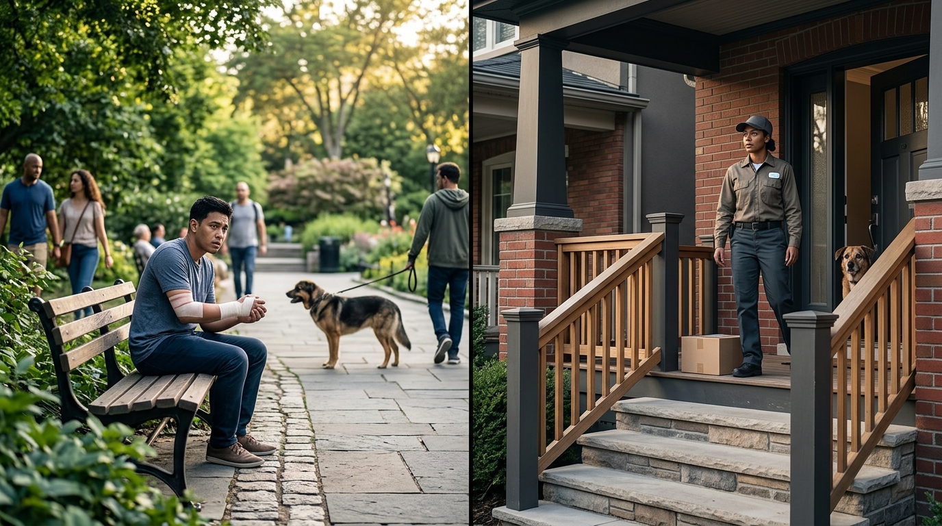 A split screen showing a public park on the left and a residential front porch with a mail carrier on the right