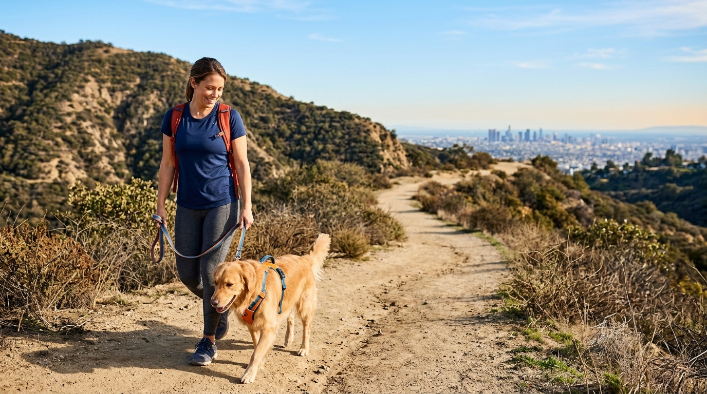 A person walking a dog on a sunny trail, illustrating a scenario covered by California dog bite law.