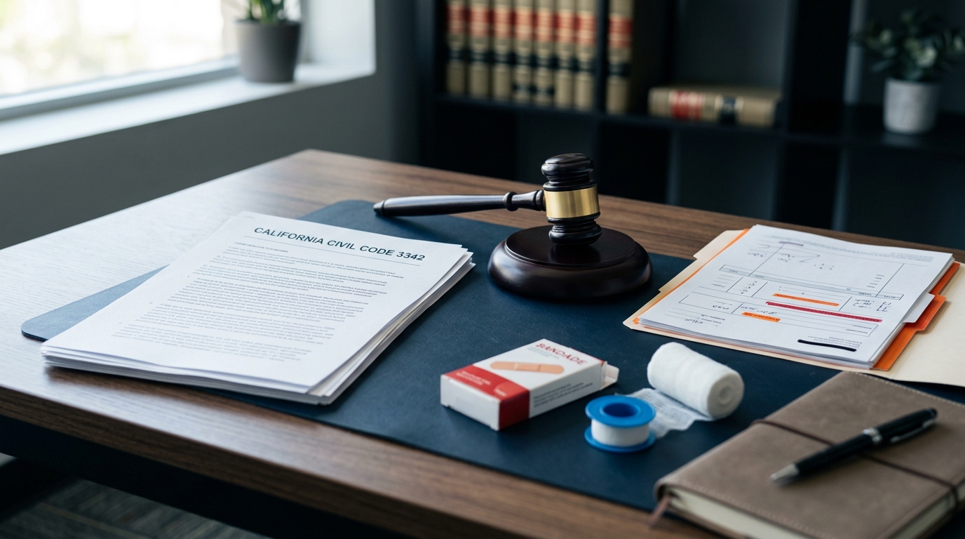 A close-up of a legal document titled california civil code 3342 resting on a desk next to a gavel and a medical bill.