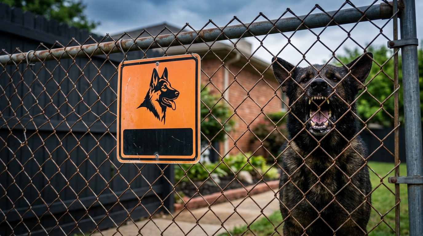 An aggressive dog barking behind a chain-link fence, illustrating liability issues under california civil code 3342.