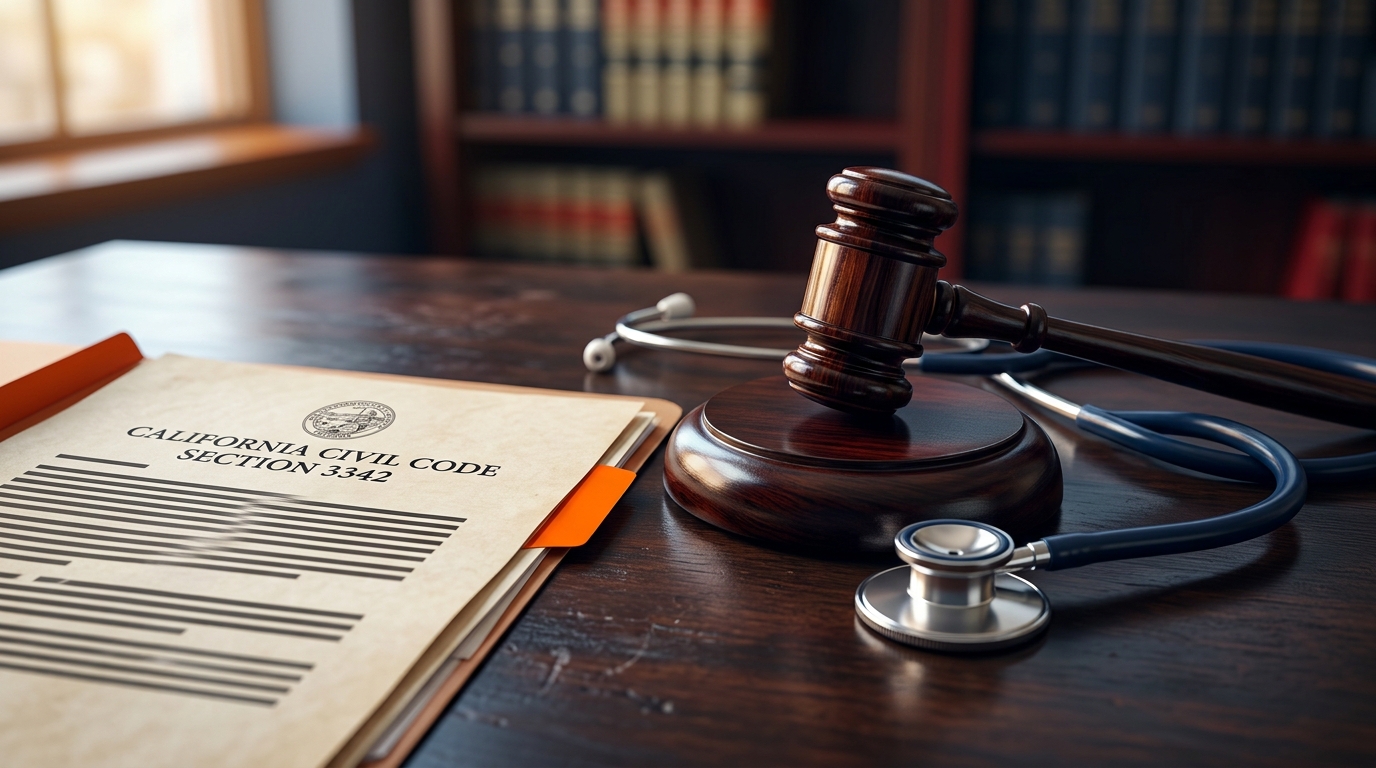 A close-up of a legal document representing California dog bite laws resting next to a gavel and a stethoscope.