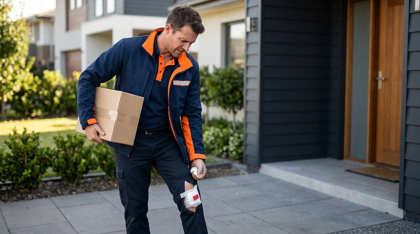 A frustrated delivery driver holding a package while looking down at a torn pant leg and a bandage on his calf, illustrating a dog bite on private property.