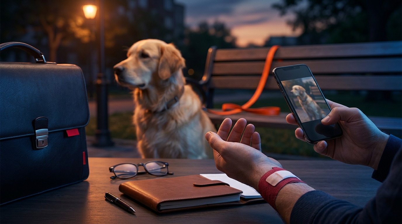 A step-by-step infographic titled What to Do After a Dog Bite in California, featuring clear icons for a medical cross, a camera, a notepad, and a lawyer's briefcase.