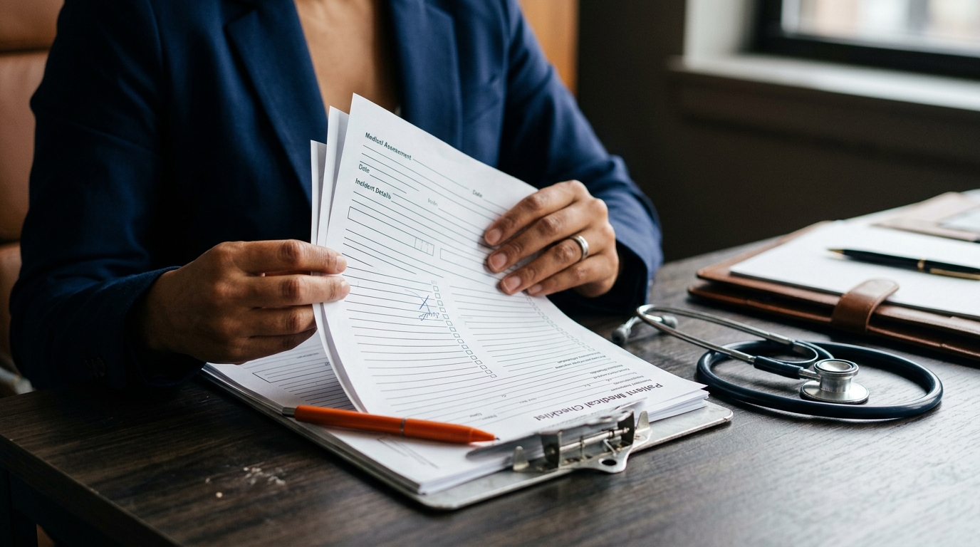 A close-up of a person's hands holding a medical checklist on a clipboard with a stethoscope resting nearby, illustrating an la dog bite checklist.