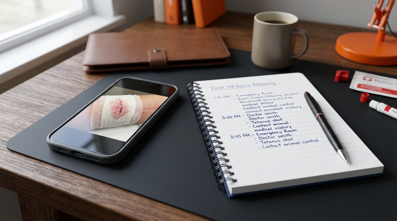 A smartphone screen displaying a photo of a dog bite injury, placed next to a handwritten notebook logging the incident details.