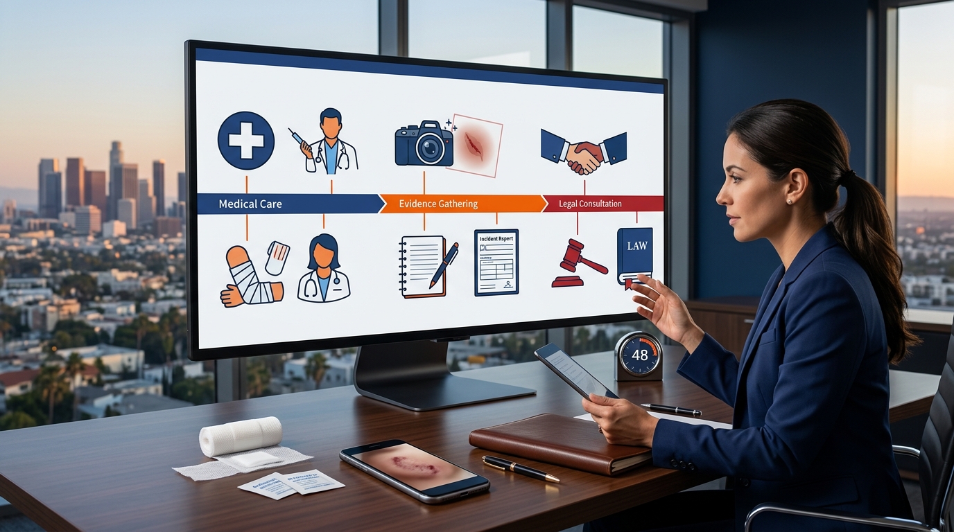 A clean, modern infographic timeline showing a 48-hour clock divided into medical care, evidence gathering, and legal consultation phases.