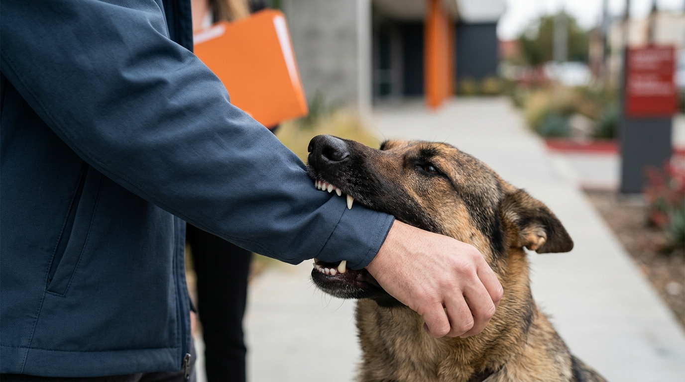 A close-up of a dog's teeth clamping down on a person's sleeve, illustrating California dog bite law concepts.