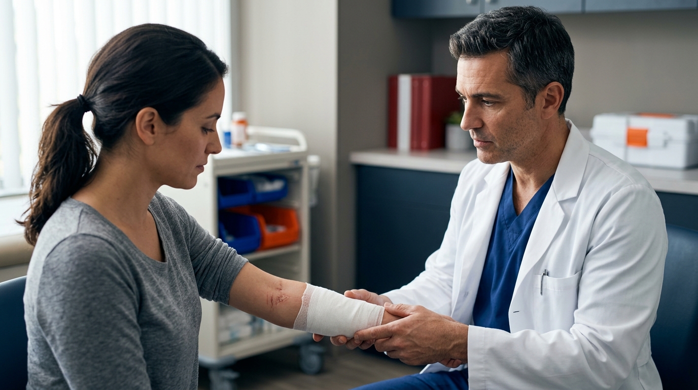 A professional medical setting showing a doctor examining a patient's bandaged arm after a dog attack.