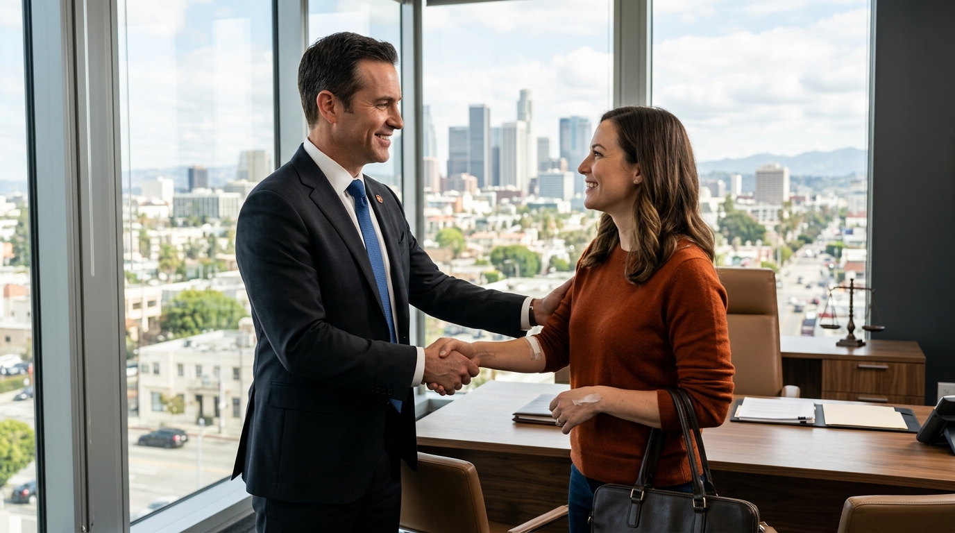 A confident personal injury lawyer shaking hands with a relieved client in a modern Los Angeles office.
