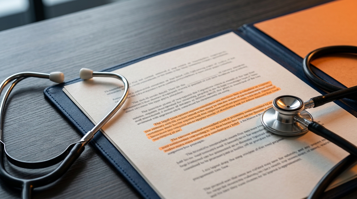 A close-up of a legal document highlighting California Civil Code Section 3342 next to a medical stethoscope.
