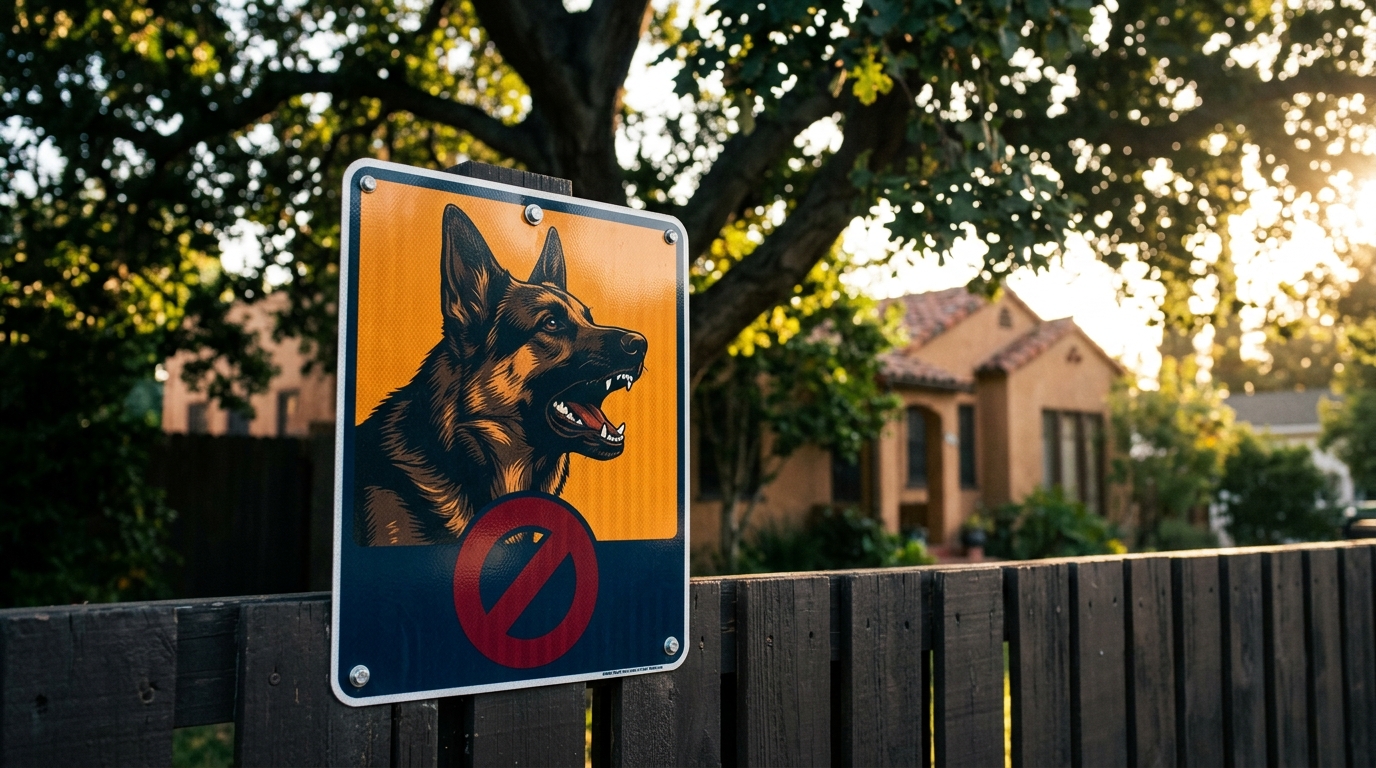 A "Beware of Dog" sign on a residential fence in a Los Angeles neighborhood.