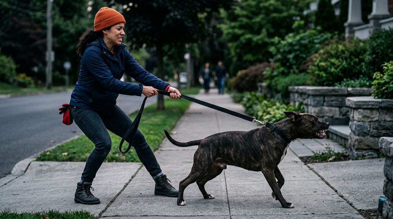 A neighborhood sidewalk scene showing a dog walker struggling to hold back an aggressive dog on a leash.