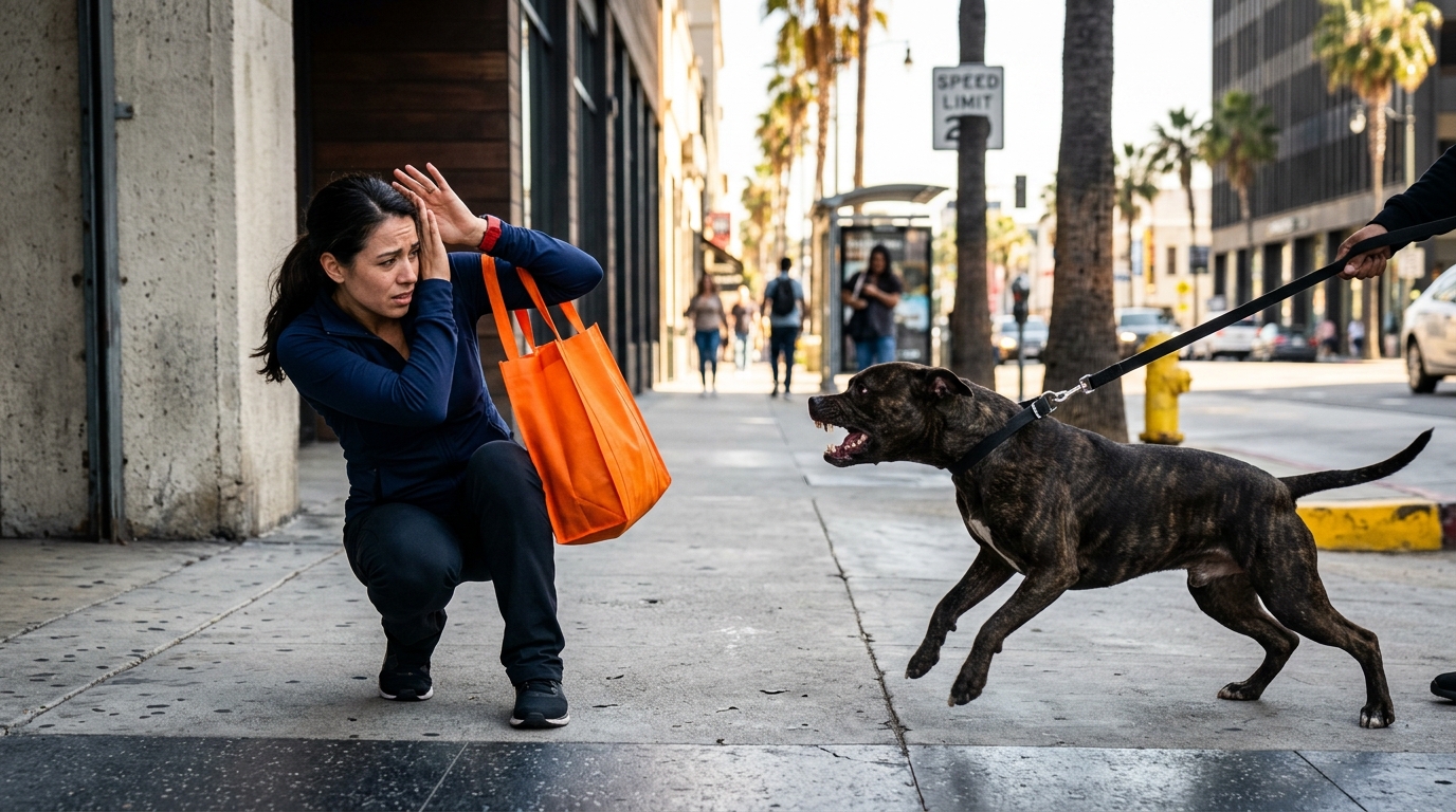 A terrified pedestrian shielding themselves from an aggressive dog under California Civil Code 3342 on a sunny Los Angeles sidewalk
