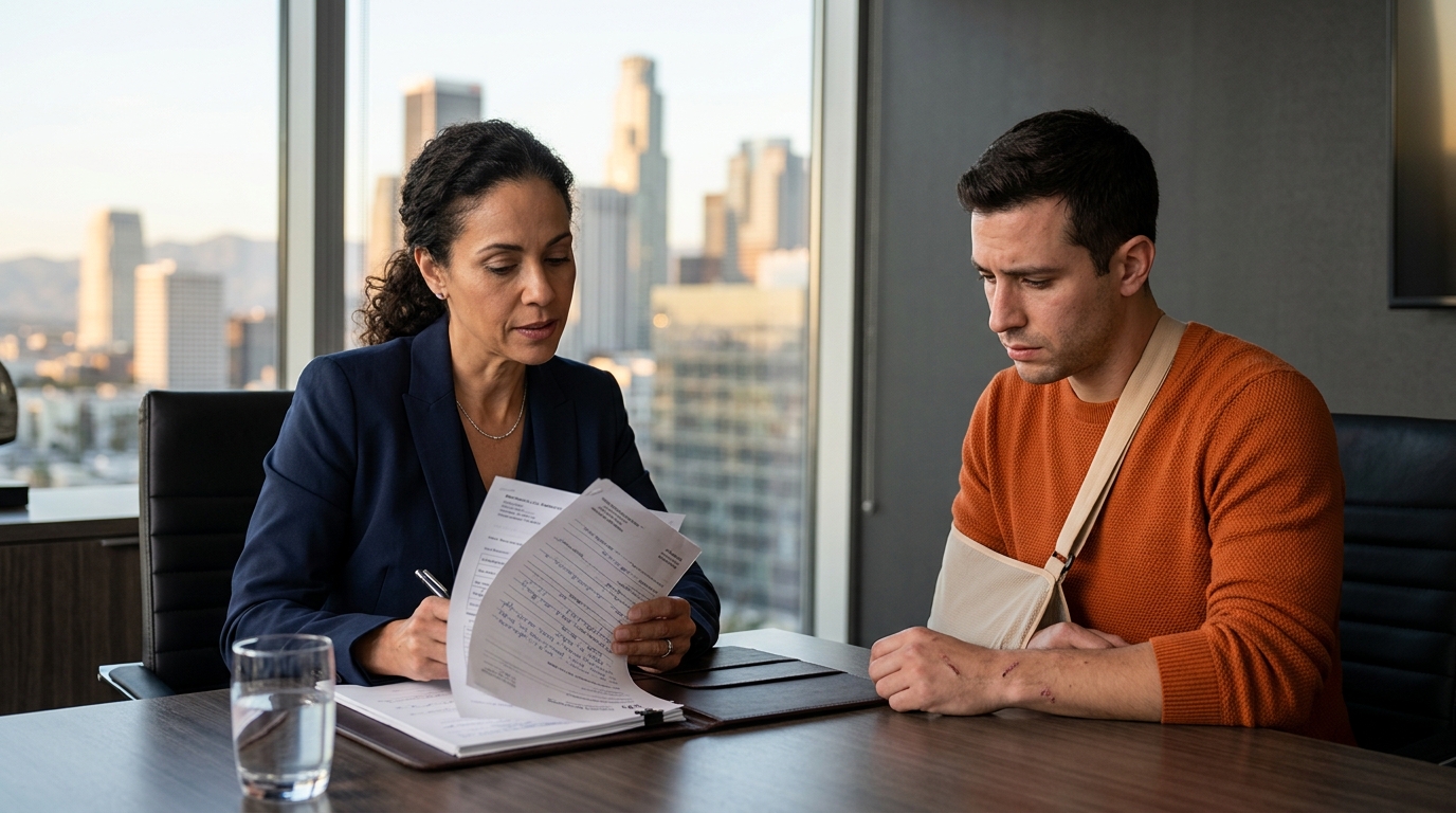 A focused personal injury lawyer sitting across from a distressed client, reviewing medical documents in a modern office