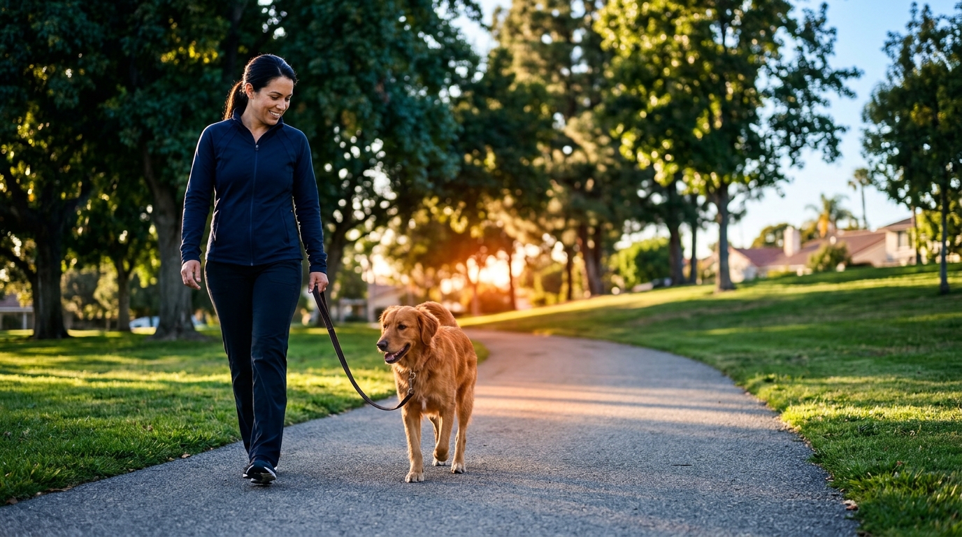 A person walking a dog on a leash in a sunny Los Angeles neighborhood park