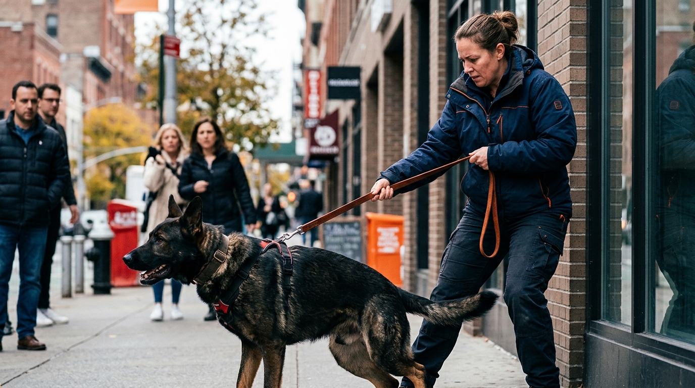 A dog walker struggling to hold back an aggressive large breed dog on a city sidewalk.