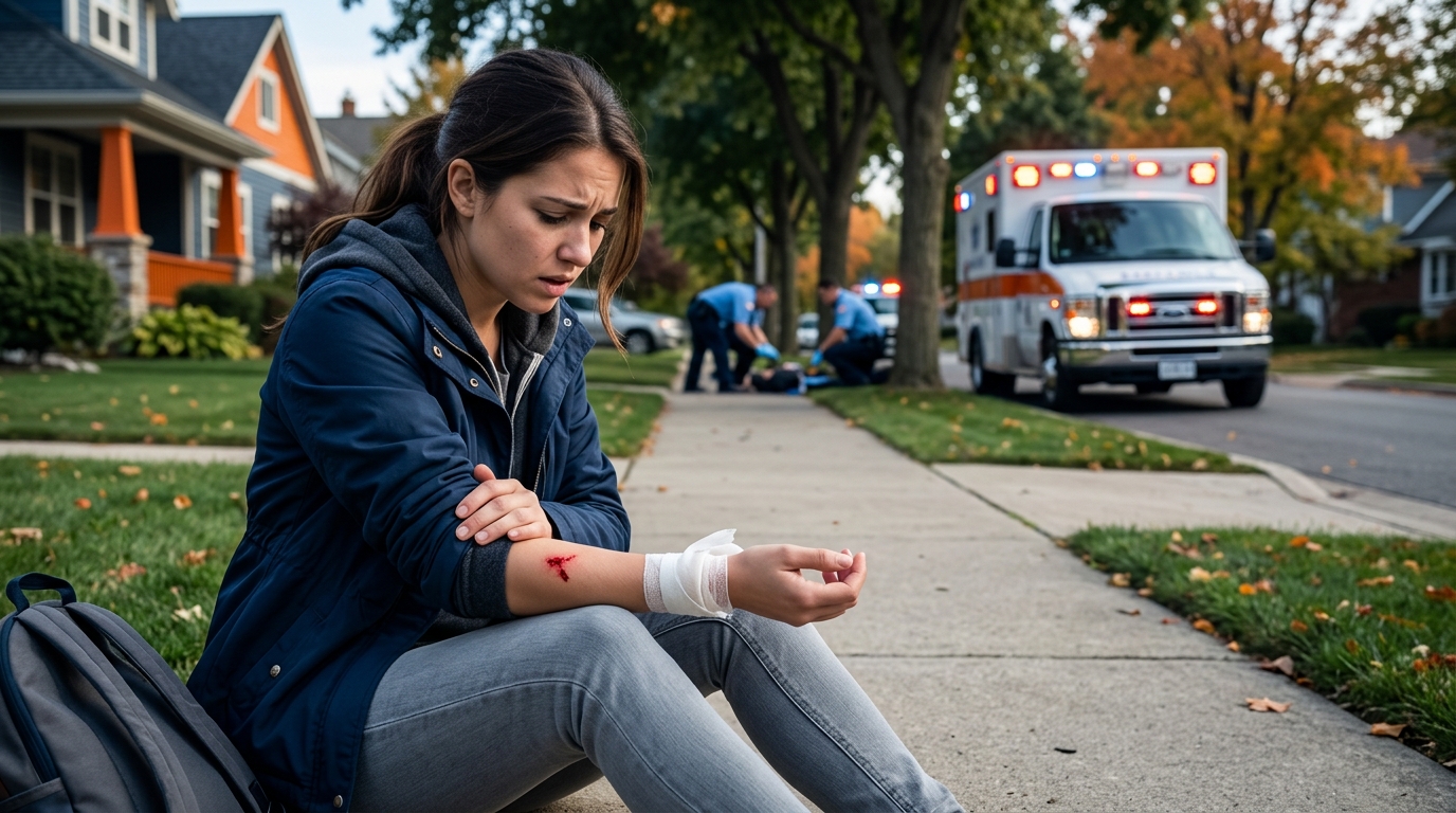 A distressed person sitting on a neighborhood sidewalk holding their injured arm after a sudden dog attack, protected under CA Civil Code 3342, with an ambulance visible in the background.