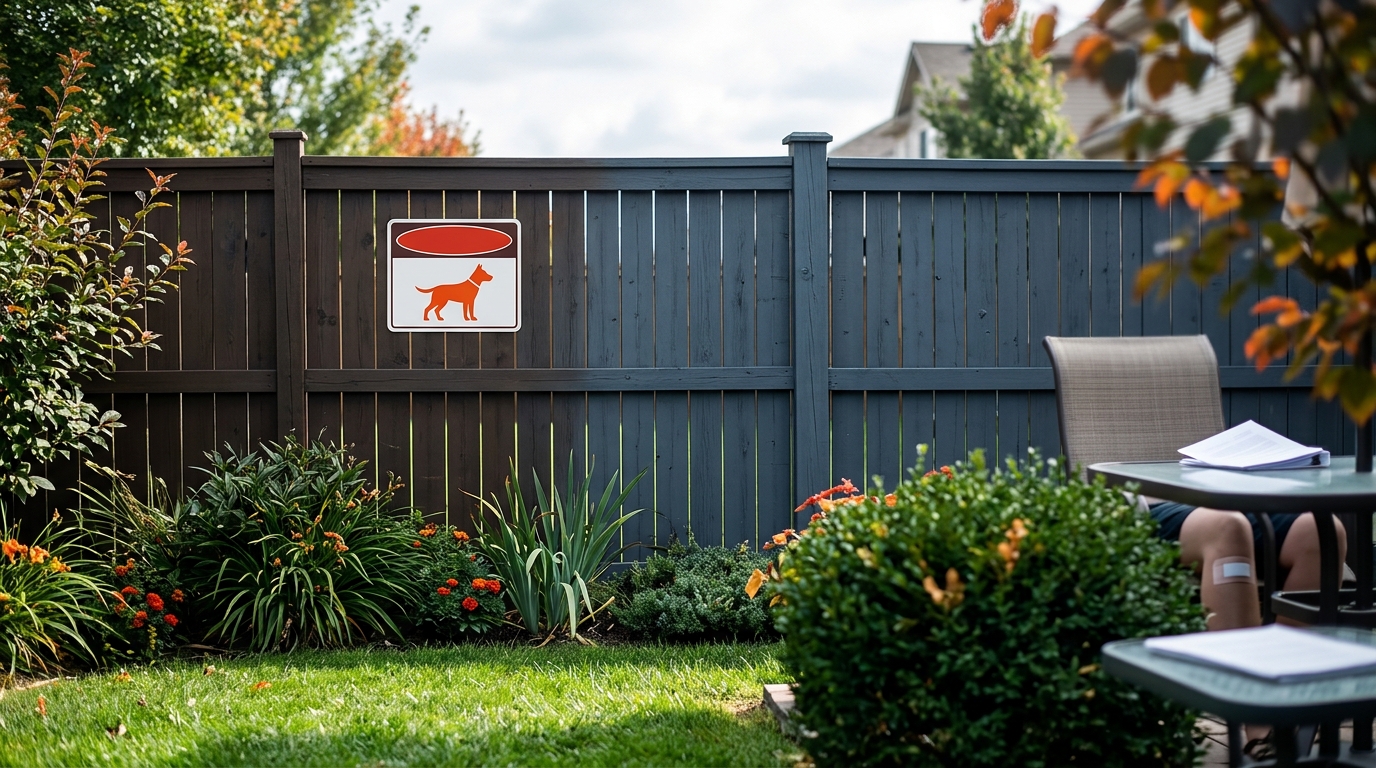 A secure residential backyard with a 'Beware of Dog' sign on the wooden fence, illustrating a private property scenario.