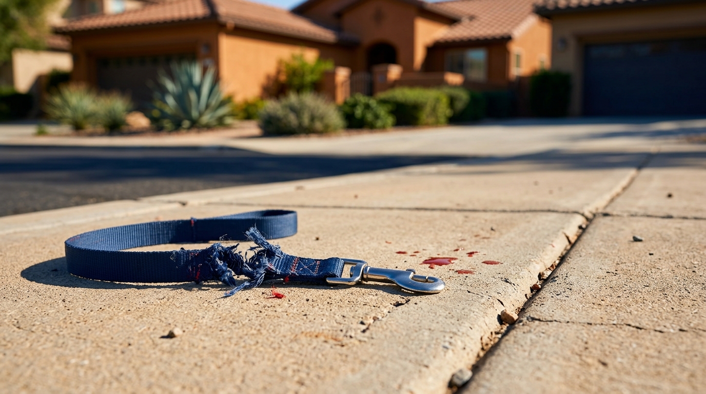 A close-up of a damaged dog leash lying on a suburban sidewalk, representing legal claims under the California dog bite statute.
