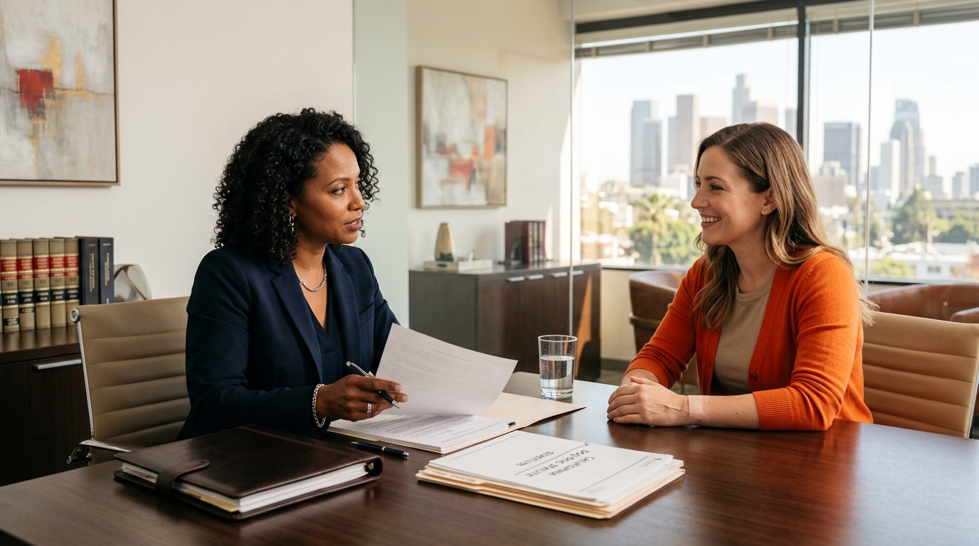 A professional attorney sitting across from a relieved client in a modern Los Angeles law office, reviewing legal documents.